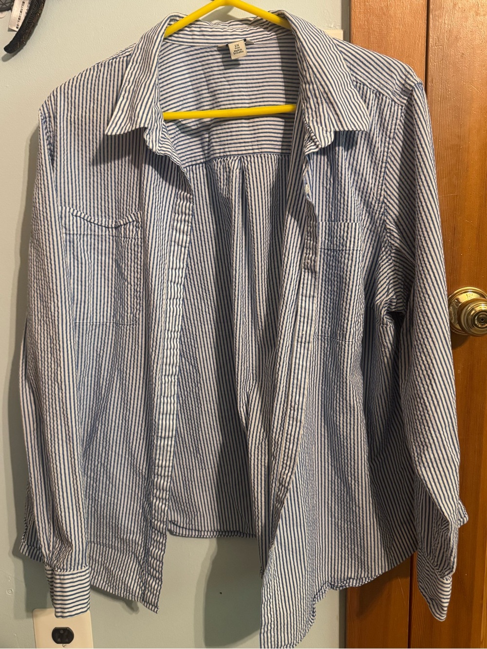 L.L. Bean Blue and White Striped Seersucker Button-Down Shirt